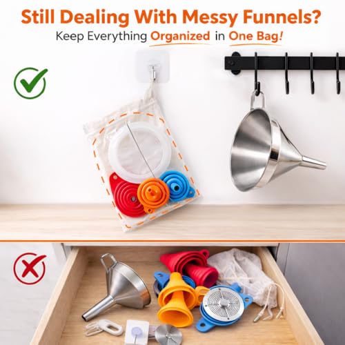 No Spill Kitchen Funnel Set, Food Grade 3 Collapsible Silicone Funnels & 1 Stainless Steel Funnel, Used for Hot Oil, Juice, Powder, Vials & More - Solves All Your Pouring Problems in the Kitchen