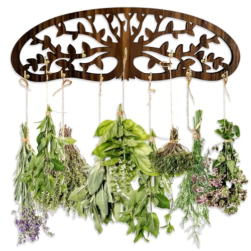 Herb Drying Rack - Wall Mounted Tree Design Holds 11 Bouquets, Space Saving Kitchen Herb & Flower Dryer, Rustic Wooden Hanging Decor for Gardeners, Crafters (dark brown)
