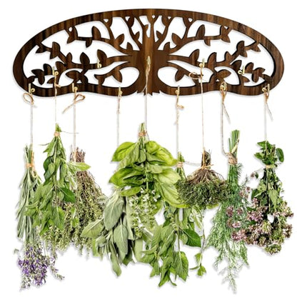 Herb Drying Rack - Wall Mounted Tree Design Holds 11 Bouquets, Space Saving Kitchen Herb & Flower Dryer, Rustic Wooden Hanging Decor for Gardeners, Crafters (dark brown)