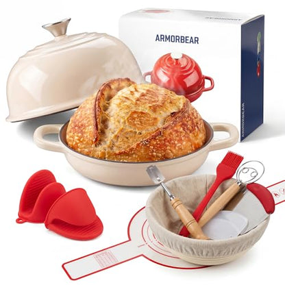 Enameled Cast Iron Bread Oven 5 Qt with Starter Kit, Round Dutch Oven with Lid for Sourdough Baking, Baking Kit Includes Silicone Sling, Banneton & Lame, Complete Artisan Bread Set - color: White, size: Bread Oven & Baking Kit