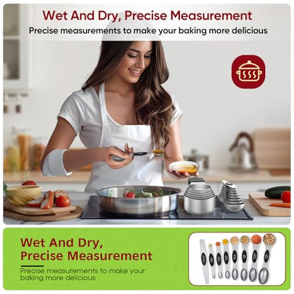Magnetic Measuring Cups & Spoons Set|304 Stainless Steel Dual Scale Set of 15, Strong N52 Magnetic Nesting Design with Leveler, for Dry&Liquid Ingredients, Dishwasher Safe(Black) - color: Magnetic Measuring Cups & Spoons Set Black