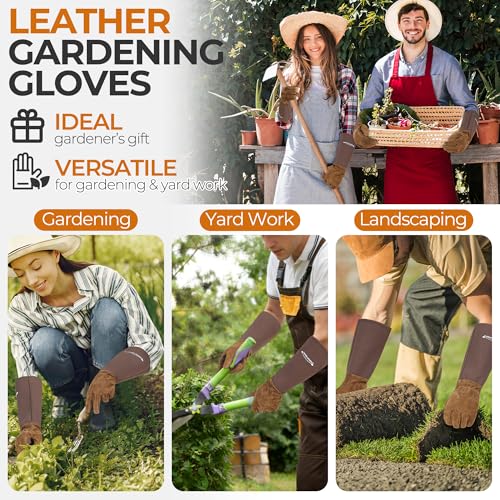 HANDLANDY Long Gardening Gloves for Men & Women, Pigskin Leather Rose Pruning Gloves- Breathable & Durable Gauntlet Glove (Large, Brown) - color: Brown, size: Large (Pack of 1)