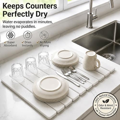 Stone Dish Drying Mat for Kitchen Counter, Large Quick Dry Diatomaceous Earth Stone Drying Mat, Foldable Water Absorbent Dish Drying Mat for Dishes, Cups, Bottles, Kitchen Sink & Countertop (White) - color: White