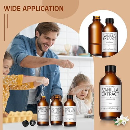 16 Pack 4 oz Amber Glass Bottle Boston Round Bottles with Black Poly Caps Brown Vanilla Extract Bottles for Essential Oil, Perfume and Liquid, Contains 16 Homemade Stickers, 4 Funnels, 1 Eyedropper