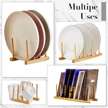 Zopeal 18 Pcs Bamboo Wooden Plate Racks Dish Rack Stand Holder 3/6/ 7 Slots Drainboard Drying Drainer Kitchen Cabinet Organizer for Dish Plate Bowl Cup Pot Lid Book