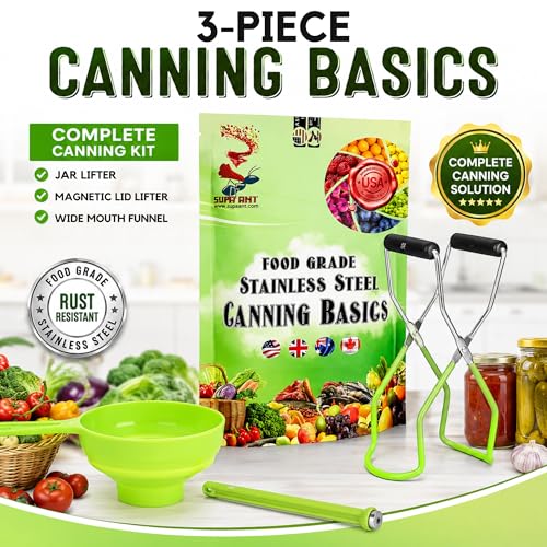 Supa Ant Canning Supplies Starter Kit (Food Grade) - Canning Kits Set for Beginners - 3 Pcs. Including Wide Mouth Jar Funnel, Magnetic Lid Lifter, Stainless Steel Jar Lifter (Assembled in USA) Green - color: Green