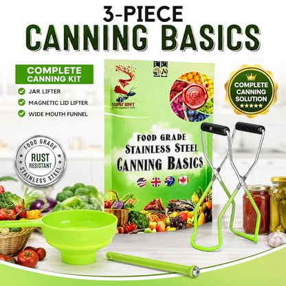 Supa Ant Canning Supplies Starter Kit (Food Grade) - Canning Kits Set for Beginners - 3 Pcs. Including Wide Mouth Jar Funnel, Magnetic Lid Lifter, Stainless Steel Jar Lifter (Assembled in USA) Green - color: Green