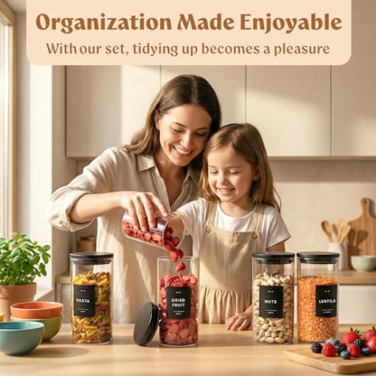 EDELHAUS Glass Storage Containers with Black Lids [4x40oz] Extra Thick Glas with 54 Labels - Canister For Pantry Noodles Flour Cereal Rice Sugar Tea Coffee Beans - Round Set - color: 4x40oz - Black Lids