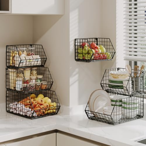 2-Tier Potato and Onion Storage Bin, Stackable Wire Baskets for Countertop | Large Fruit and Vegetable Storage, Wall-Mount Kitchen Pantry Organizer with Ventilated Mesh to Keep Produce Fresh for Cabinet - size: 2-tier Large