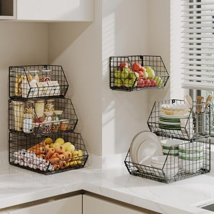 2-Tier Potato and Onion Storage Bin, Stackable Wire Baskets for Countertop | Large Fruit and Vegetable Storage, Wall-Mount Kitchen Pantry Organizer with Ventilated Mesh to Keep Produce Fresh for Cabinet - size: 2-tier Large