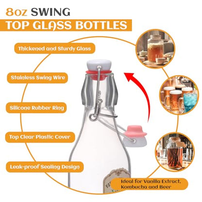 Alotpower 12 Pack 8oz Square Swing Top Glass Bottles with Airtight Lids | Flip Top Glass Bottles for Vanilla Extract,Home Brewing,Kombucha,Vinegar,beer, oda,beverages - Included Complete Brewing Kit - color: 12pack, size: 8fl.oz