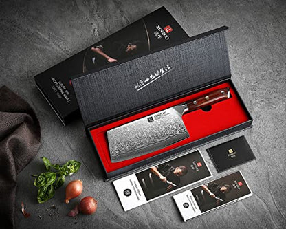 XINZUO 7 Inch Chinese Meat Cleaver Knife-Real 67 Layers Damascus Butcher Knife-Suitable for Meat/Vegetable Cleaver-Ultral Sharp-Natural Rosewood Handle-Yu Series - size: 7 inch Cleaver Knife