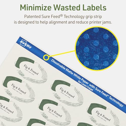 Avery Dissolvable Oval Labels, Sure Feed Technology, 1-1/8" x 2-1/4", Matte White, Print-to-The-Edge, Laser/Inkjet Printable, 105 Labels Total - style: 105 labels