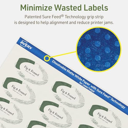 Avery Dissolvable Oval Labels, Sure Feed Technology, 1-1/8" x 2-1/4", Matte White, Print-to-The-Edge, Laser/Inkjet Printable, 105 Labels Total - style: 105 labels
