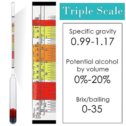 3 Pcs Scale Hydrometer and Test Jar Combo Include 1 Scale Hydrometer with Storage Bag and 250 ml Plastic Cylinder for Wine Beer Mead
