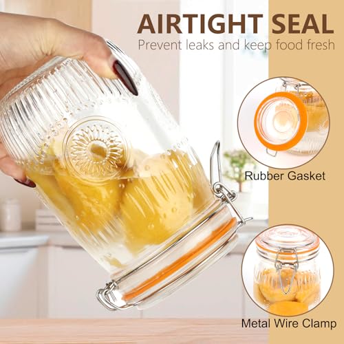 32oz Mason Jars with Airtight Lids, 6 Pack Wide Mouth Canning Jars with Clamp Lid, Quart Glass Canisters for Kitchen Storage, Pickling, Coffee, Cereal, Sugar, Flour, Beans