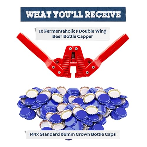 Fermentaholics Beer Bottle Capper & Lid Set – Double Wing Manual Capping Tool with 144 Crown Caps – Fits Standard 12 oz & Homebrew Beer Bottles (Capper & Lid Set -144 Blue Crown Caps) - size: Capper & Lid Set -144 Blue Crown Caps