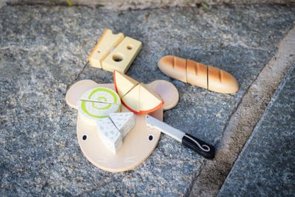 Tender Leaf Toys - Cheese Chopping Board - Wooden Play Food Set with 4 Choppable Cheeses, Baguette, Wood Knife and Illustrated Board - Improves Fine Motor Skills - Develops Social Skills - Age 2+
