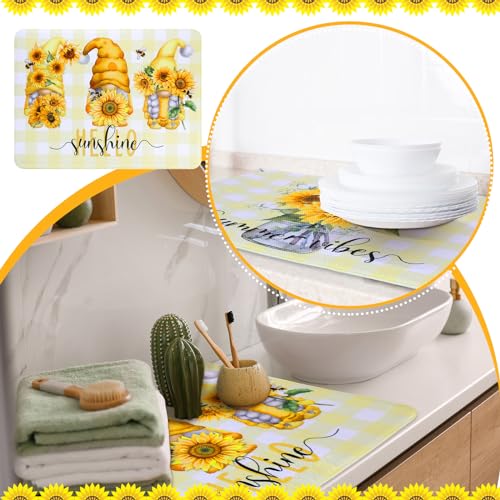 SiliFine 2 Pcs Sunflower Dish Drying Mat for Kitchen, Summer Absorbent Microfiber Dish Mat Counter Sunflower Gnome 18 x 24 Inch Dish Draining Mat Dish Drying Pad Reusable Washable Mat - style: Sunflower