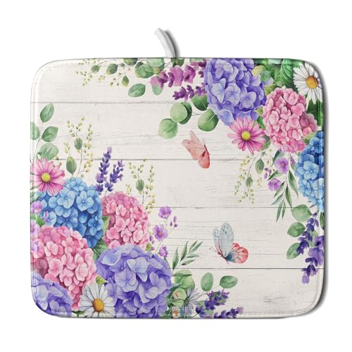 Hydrangea Floral Dish Drying Mat 16x18 inch Spring Summer Decorative Fast Dry Dishes Draining Mats Absorbent Microfiber Drainer Rack Pad - color: Hydrangea Floral, size: 16 x 18 inch