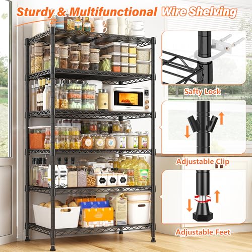 REIBII 6 Tier Shelf Metal Shelving 70"H Storage Shelves Sturdy Wire Rack Shelf Units Adjustable Detachable Storage Shelving Unit for Kitchen Laundry Pantry Garage Commercial 71"H x 21.65"W x 11.8"D - size: 【6 Tier】71"H x 21.65"W x 11.8"D