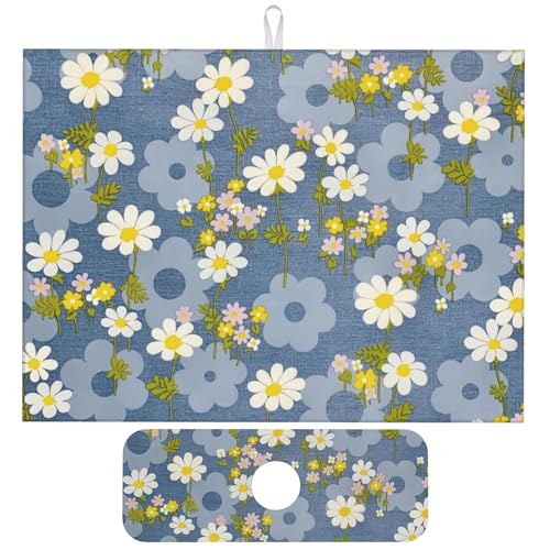 Daisy Flowers Dish Drying Mat for Kitchen Counter, 18"x24" Microfiber Absorbent Fast Dry Mat, 2Pcs Dish Mat Faucet Mats Sets, Large Drying Kitchen Mat Kitchen Drying Pad Coffee Bar Decor Gifts - color: Daisy Flowers, size: 18"X24"
