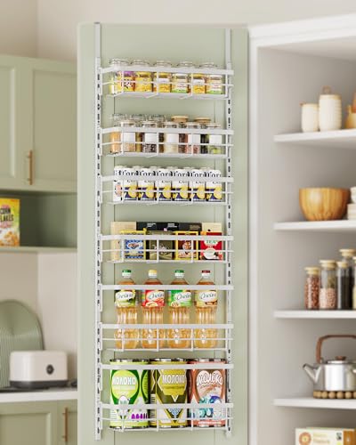 Apinol Over the Door Pantry Organizer, Adjustable 6 Tier Wide Storage Shelves with Hooks Fit Thin Doors Hold Spices Rack for Pantry Kitchen RV, White - color: White, size: 6-Tier