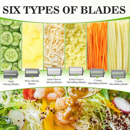 Electric Cheese Grater Salad Maker with 6 Repalce Stainless Steel Blades, Rotary Slicer One-Touch Kitchen Slicer Cheese Shredder for Vegetables, Fruits, Cheeses, Nuts Home Kitchen Use(White)- 120v - color: White