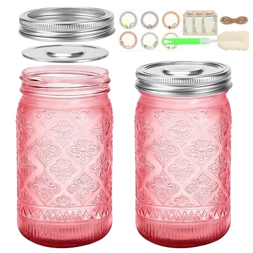 Pink Mason Jars 32 oz with Stainless Steel Leakproof Lids, 2 Pack Wide Mouth Colored Glass Jars for DIY Crafts, Wedding Centerpieces, Home Decor, Flower Vase, Bathroom Storage - color: Pink-32OZ