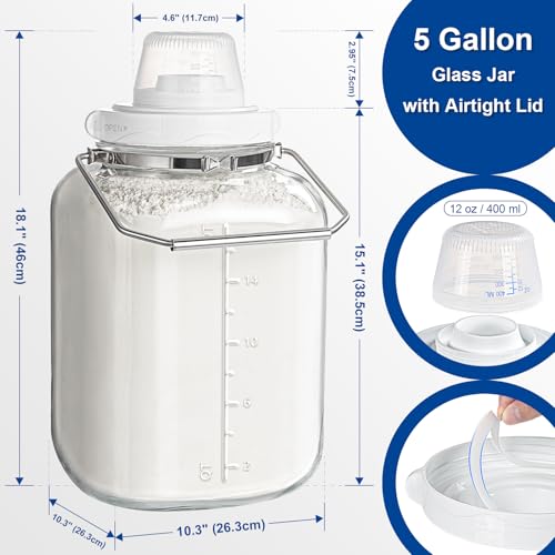 Daitouge 5 Gallon Glass Jar with Airtight Lid, Square Wide Mouth Storage Jar with Stainless Steel Handle, Glass Jug with Cup for Terrarium, Storage, Dog Treats, Mead Making
