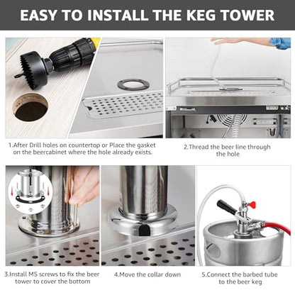 Single Beer tap Tower with 1/4 Barb, 3'' Draft Kegerator Tap Tower Stainless Steel Keg Tower Parts Stainless Core Self-Closing Beer Faucet Brewing Tower Dispenser with Pre-assembled Beer Lines Kit