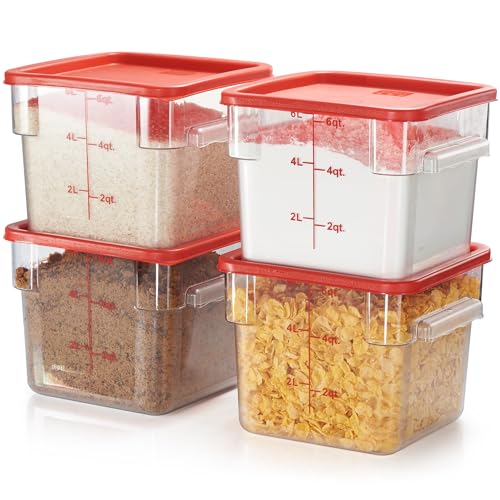 CURTA 4 Pack Food Storage Container with Red Lid - NSF Commercial Grade in 6.0 Qt - Square, Clear, Polycarbonate - color: 6.0 Qt 4-Pack(Red Lids)