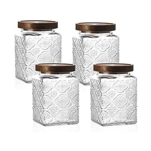 Vintage Glass Airtight Storage Jar Set of 4, With Airtight Wood Lid, Kitchen Food Storage Containers,for Kitchen Counter, Pantry, Tea, Sugar,Coffee,Food Storage Jar(Plum pattern) - color: Set of 4