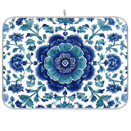 Floral Blue and White Vine Dish Drying Mat for Kitchen Counter Kitchen Drying Mat Dish Rack Mat Dish Drainer Pad Microfiber Absorbent Washable Drying Pad for Countertop 18 x 24 - color: Floral Blue and White Vine, size: 18'' x 24''