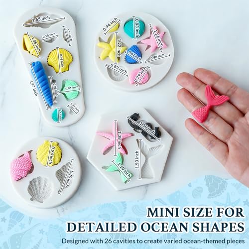 HKNMTT Marine Themed Silicone Mold for Polymer Clay Fondant, Seashell Mermaid Tail Starfish Ocean Seahorse Air Dry Clay Craft Cake Decor Wax Melt Chocolate Candy Mould DIY Cupcake Toppers BPA Free - style: Ocean - 4PCS
