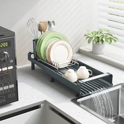 TOOLF Small Dish Drying Rack, Mini Expandable Compact Dish Rack, Slim Extendable Stainless Steel Dish Drainer for Kitchen Countertop, Space Saving Dish Strainer, Dark Slate Gray - color: Dark Slate Gray