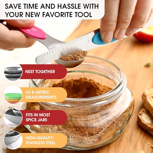 Spring Chef Stainless Steel Magnetic Measuring Spoons Set of 8 with Leveler, Nesting Metal Teaspoon & Tablespoon Measuring Spoons, Kitchen Gadgets for Baking & Cooking, Fits in Most Spice Jars - Neon - color: Neon, size: 1-Pack