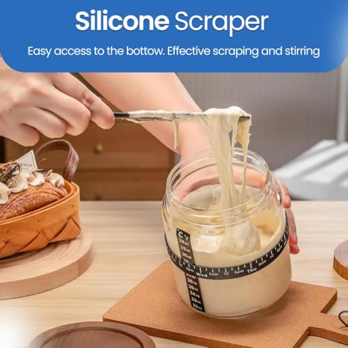 Sourdough Starter Jar Kit - Pack of 2, 35oz Wide Mouth Glass Jars for Sourdough Starter with Date Marked Feeding Scale, Thermometer, Cloth Cover, Scraper & Wooden Lid, Sourdough Jars
