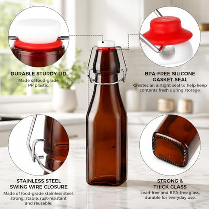 Ruckae Amber Square Swing Top Glass Bottles with Lids Kombucha Flip Top Glass Bottle for Coquito Syrup Vanilla Extract Brew Beer Kefir Air Tight Bottles for Gift (8oz 12pack) - size: 8oz 12pack