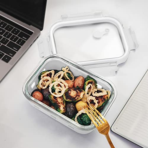 GENICOOK Glass Food Storage Meal Prep Containers - Food Grade Silicone Wrap & Air Release Vent, Rectangular shape - 8 Pc Set (4 Containers - 4 Matching Lids) - color: White silicone