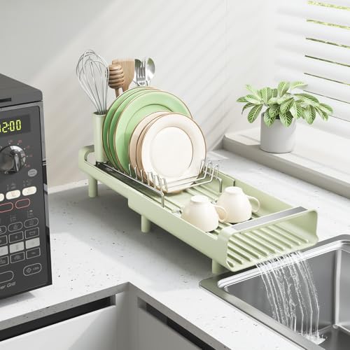 TOOLF Small Dish Drying Rack, Mini Expandable Compact Dish Rack, Slim Extendable Stainless Steel Dish Drainer for Kitchen Countertop, Space Saving Dish Strainer, Soft Celery Green - color: Soft Celery Green