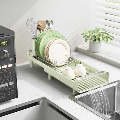 TOOLF Small Dish Drying Rack, Mini Expandable Compact Dish Rack, Slim Extendable Stainless Steel Dish Drainer for Kitchen Countertop, Space Saving Dish Strainer, Soft Celery Green - color: Soft Celery Green