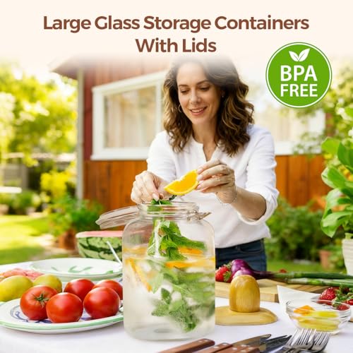 ComSaf 5L Square Glass Jars with Airtight Lids (1.3 Gallon, Set of 2), Space-Saving Canisters for Bulk Flour & Rice Storage, Ideal for Large-Batch Fermenting, Pickling & Kombucha - size: 1.3 Gal*2