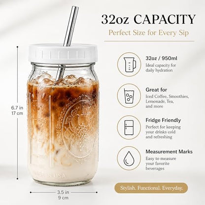 Reusable Wide Mouth Smoothie Boba Tea Cups Bubble Tea Cups with Lids and Silver Straws Mason Jars Glass Cups (2-pack, 32 oz mason jars)