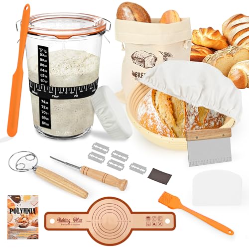 Sourdough Starter Kit, Sourdough Bread Baking Supplies, 9''Banneton Bread Proofing Basket with Glass Sour dough Starter Jar, Breads Scoring Tool,Breads Making Tools Gifts for Bakers Women Wife Mom - color: Kit