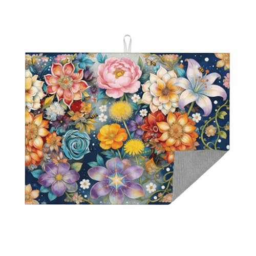 Kitchen Drying Mat for Countertop Vibrant Floral Garden Art Non-Slip Kitchen Counter Mat for Dishes Glassware - color: Multicolor Blue Pink