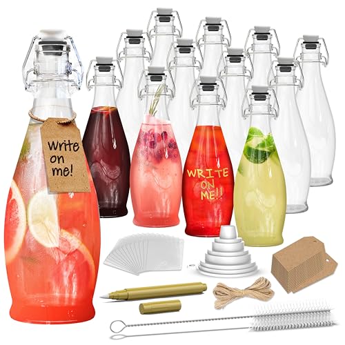 Nevlers 17 Oz Teardrop Flip Top Glass Bottle with Stopper 12 Pack | Swing Top Glass Bottles with Airtight Lid , Funnel, Brush, Tags & Shrink Wrap | Soda Bottles | Air Tight Bottle For Liquids