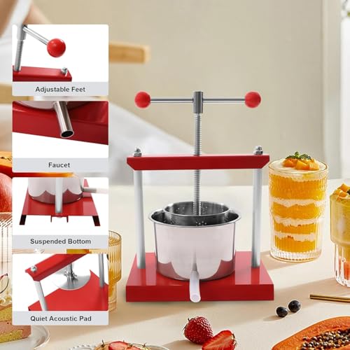 3L/0.8Gal Fruit Wine Press with 2 Stainless Steel Barrels,Cheese Tincture Herb Fruit Wine Manual Press, Honey Olive Oil Making Press with T-Handle,for Outdoor & Home Kitchen(Red)