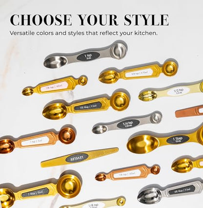 White and Gold Magnetic Measuring Spoons – Stainless Steel Double Sided Measuring Spoons for Cooking and Baking – Cute White and Gold Kitchen Accessories, Ideal for Gifting - color: White & Gold