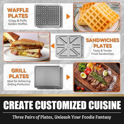 FineMade Belgian Waffle Maker with Removable Plates, Waflera Electrica, Large Waffle Iron, 3 in 1 Panini Grill Press Breakfast Sandwich Maker, Electric Griddle, Grilled Cheese Maker, Breakfast Station - style: Waffle Maker 3 in 1